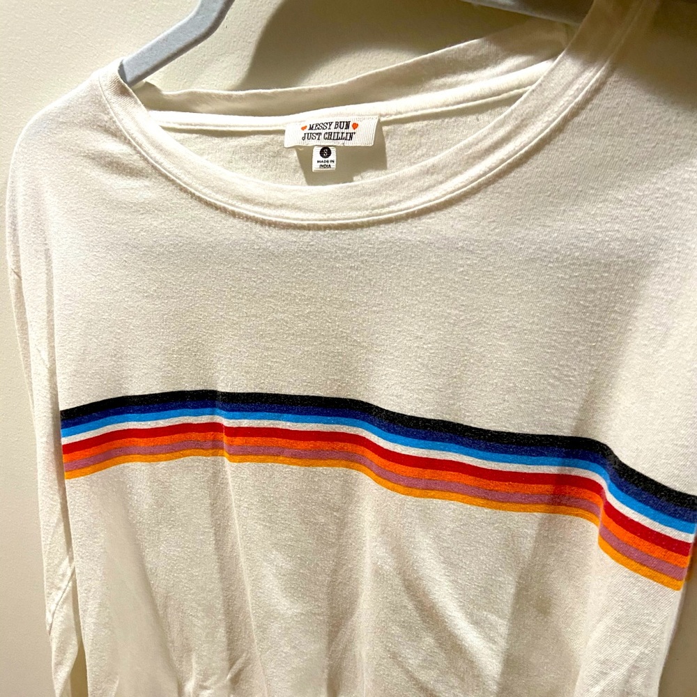 Cropped White Striped Long Sleeve T-Shirt